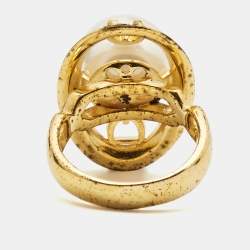 Pre Owned Aigner Crystal Faux Pearl Gold Tone Ring and Earrings