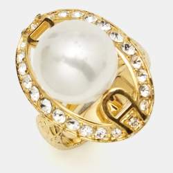 Pre Owned Aigner Crystal Faux Pearl Gold Tone Ring and Earrings