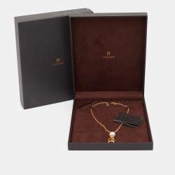 Pre Owned Aigner Crystal Faux Pearl Gold Tone Necklace