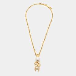 Pre Owned Aigner Crystal Faux Pearl Gold Tone Necklace