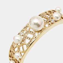 Pre Owned Aigner Faux Pearl Crystal Gold Tone Open Cuff Bracelet