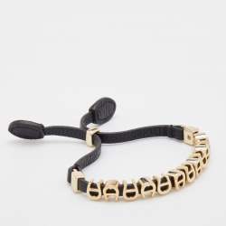 Pre Owned Aigner Black Leather Logo Charms Adjsutable Bracelet