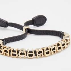 Pre Owned Aigner Black Leather Logo Charms Adjsutable Bracelet