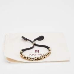 Pre Owned Aigner Black Leather Logo Charms Adjsutable Bracelet