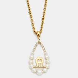 Pre Owned Aigner Faux Pearl Crystal Gold Tone Pendant Necklace