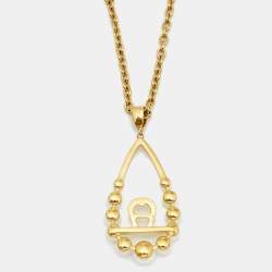 Pre Owned Aigner Faux Pearl Crystal Gold Tone Pendant Necklace