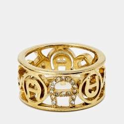 Pre Owned Aigner Crystals Gold Tone Ring Size 54