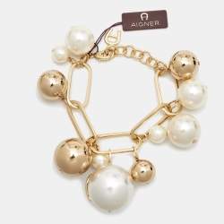 Pre Owned Aigner Faux Pearl Gold Tone Bracelet