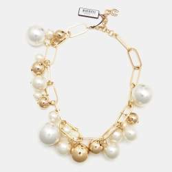 Pre Owned Aigner Bella Faux Pearl and Beads Gold Plated Chunky Necklace