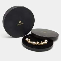 Pre Owned Aigner Bella Faux Pearl and Beads Gold Plated Chunky Necklace