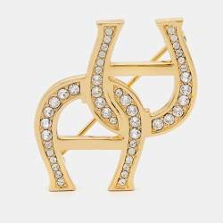 Pre Owned Aigner Gold Tone Double Crystal Logo Pin Brooch