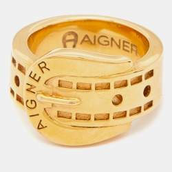 Aigner Gold Tone Belt Buckle Band Ring Size 53