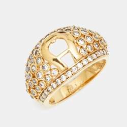 Pre Owned Aigner Crystals Gold Tone Ring Size 56