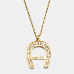 Aigner Crystal Embellished Logo Gold Tone Pendant Necklace 