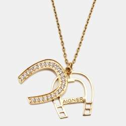 Aigner Crystal Embellished Logo Gold Tone Pendant Necklace 