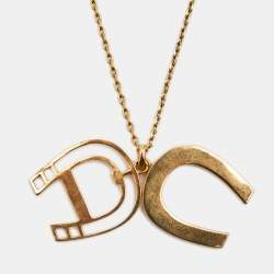 Aigner Crystal Embellished Logo Gold Tone Pendant Necklace 