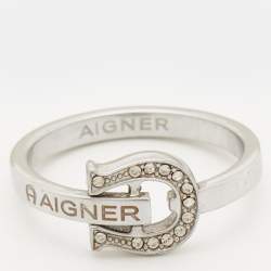 Pre Owned Aigner Crystals Silver Tone Ring Size 53