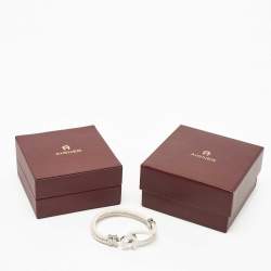 Pre Owned Aigner Braided Leather Silver Tone Bracelet