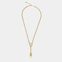 Pre Owned Aigner Crystal Faux Pearl Gold Tone Necklace Set