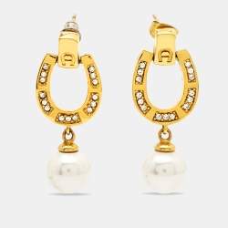 Pre Owned Aigner Crystal Faux Pearl Gold Tone Necklace Set