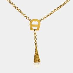 Pre Owned Aigner Crystal Faux Pearl Gold Tone Necklace Set