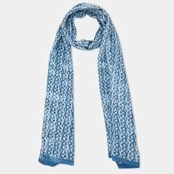 Pre Owned Aigner Blue Logo Monogram Printed Silk Scarf