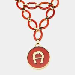 Pre Owned Aigner Burgundy Resin & Gold Tone Link Layered Necklace