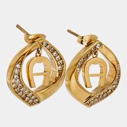 Aigner Gold Tone Logo Crystal Detail Stud Earrings