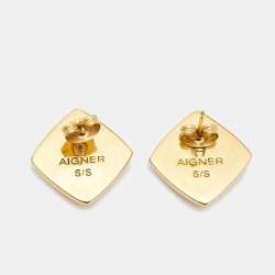 Pre Owned Aigner Enamel Crystal Gold Tone Earrings