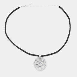 Pre Owned Aigner Crystals Silver Tone Leather Necklace and Earrings Set