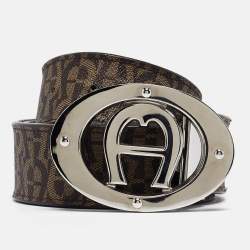 Aigner Dark Brown Monogram Coated Canvas and Leather Logo Belt