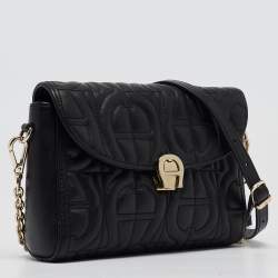 Aigner Black Logo Embossed Leather Pria Chain Shoulder Bag