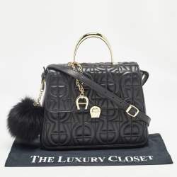 Aigner Black Logo Embossed Leather Genoveva Top Handle Bag