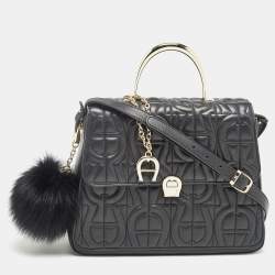 Aigner Black Logo Embossed Leather Genoveva Top Handle Bag