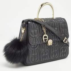 Aigner Black Logo Embossed Leather Genoveva Top Handle Bag