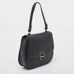 Aigner Black Leather Logo Flap Top Handle Bag