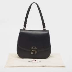 Aigner Black Leather Logo Flap Top Handle Bag