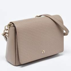 Aigner Beige Embossed Leather Flap Chain Crossbody Bag