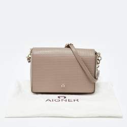 Aigner Beige Embossed Leather Flap Chain Crossbody Bag