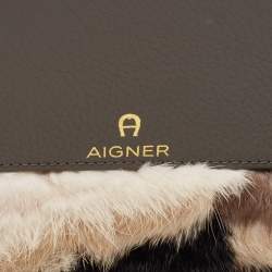 Pre Owned Aigner Grey Faux Fur and Leather Round Wristlet Clutch