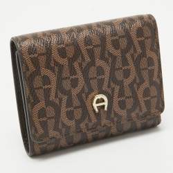 Aigner Dark Brown Monogram Coated Canvas Logo Trifold Wallet