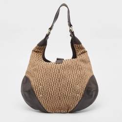 Aigner Brown/Beige Monogram Canvas and  Leather Logo Flap Hobo