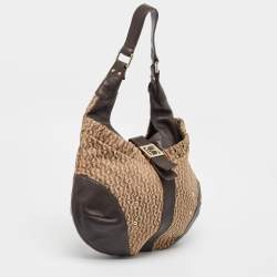 Aigner Brown/Beige Monogram Canvas and  Leather Logo Flap Hobo