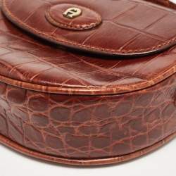 Pre Owned Aigner Dark Brown Croc Embossed Leather Flap Saddle Crossbody Bag