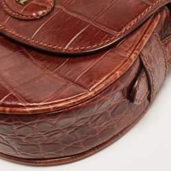 Pre Owned Aigner Dark Brown Croc Embossed Leather Flap Saddle Crossbody Bag
