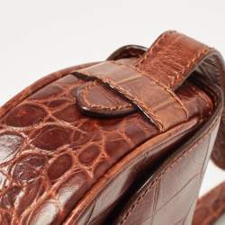 Pre Owned Aigner Dark Brown Croc Embossed Leather Flap Saddle Crossbody Bag