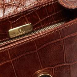 Pre Owned Aigner Dark Brown Croc Embossed Leather Flap Saddle Crossbody Bag