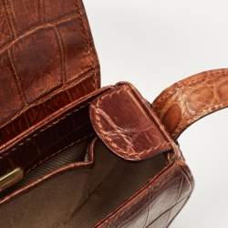 Pre Owned Aigner Dark Brown Croc Embossed Leather Flap Saddle Crossbody Bag