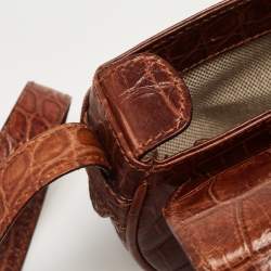 Pre Owned Aigner Dark Brown Croc Embossed Leather Flap Saddle Crossbody Bag