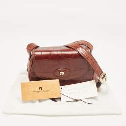 Pre Owned Aigner Dark Brown Croc Embossed Leather Flap Saddle Crossbody Bag